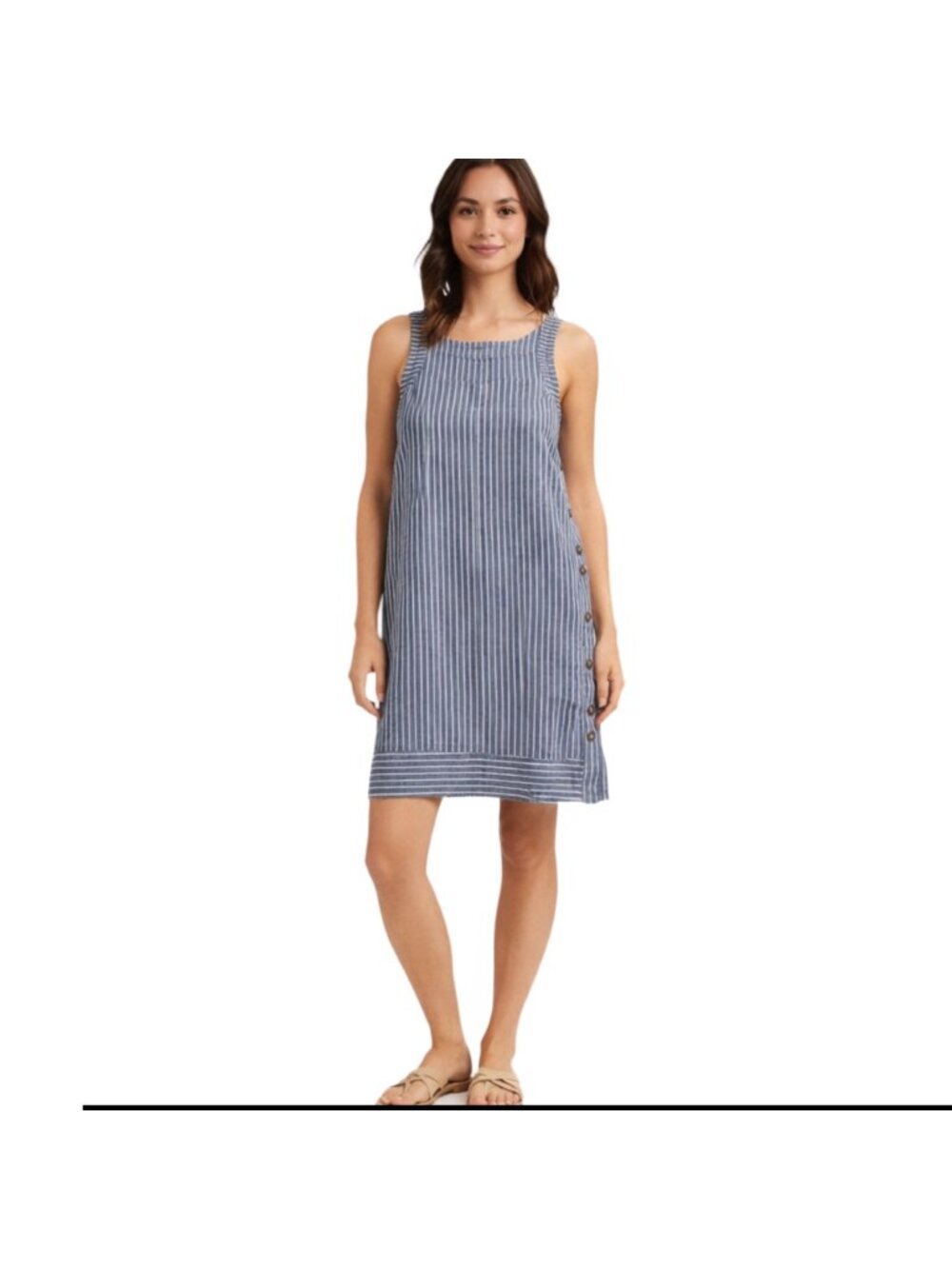 Cynthia Shift Dress Small Blue White Striped Linen Side Button Summer Preppy